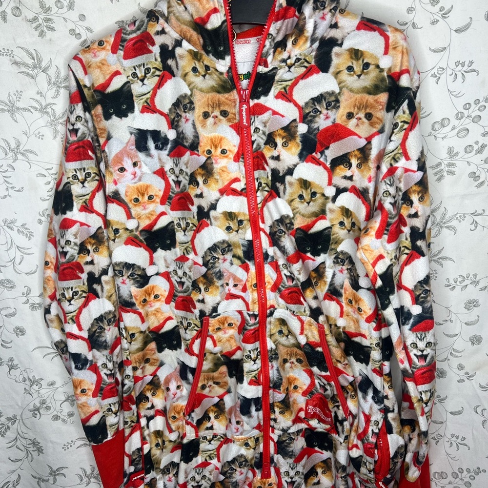 Tipsy Elves Meowy Catmas Infinity Zip Hood Bodysuit One-Piece Fleece Pajama M